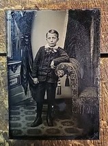 Antique Tin Type, 1890-1900 - Young Man 8-11 years old, Leaning on Chair, Cocky - £7.09 GBP