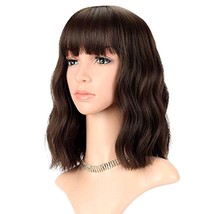 FAELBATY Short Brown Wig With Bangs Shoulder Length 12&quot; Natural Black Da... - $23.75