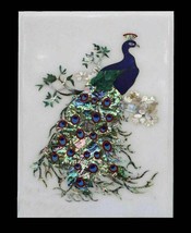 White Marble with Lapis Gemstone Inlay Peacock Design Handmade Art Indoor Decors - £751.00 GBP