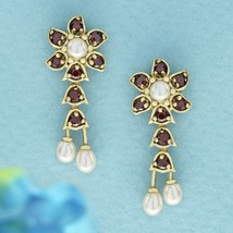 Natural Pearl and Garnet Vintage Style Floral Drop Earrings in Solid 9K Gold - £629.10 GBP