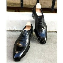 Men&#39;s Black crocodile leather lace up dress shoes handmade aligator imprint shoe - £144.24 GBP
