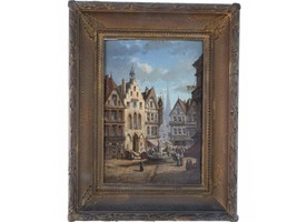 Antique French Oil on Board Town Square with Pharmacy Pharmacien - $688.05