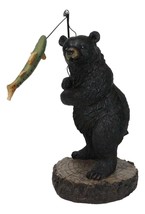 Whimsical Rustic Forest Black Bear Catching Largemouth Bass Fish Figurine - $19.99