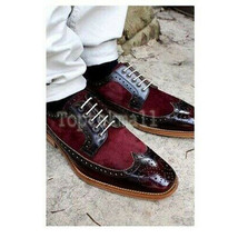 Handmade Men&#39;s Leather Maroon Black Party Wear Stylish Oxfords Brogue Shoes-208 - £184.84 GBP