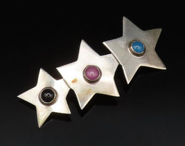 MEXICO 925 Silver - Vintage Onyx Jade &amp; Chalcedony Three Star Brooch Pin- BP9898 - £67.09 GBP
