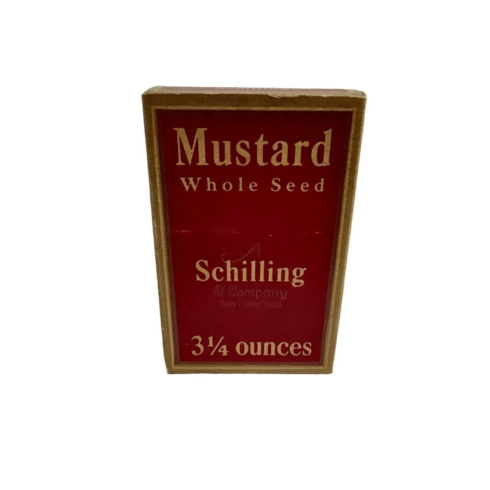 Primary image for 1933 A Schilling and Company Mustard Seed Cardboard Spice Box Red and Gold