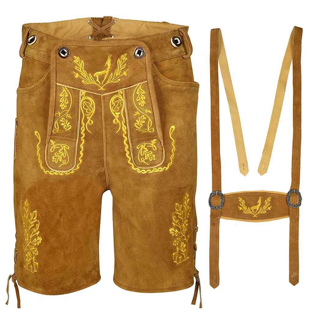 Oktoberfest Costume for Men Suede Lederhosen Nowitzki Golden Brown