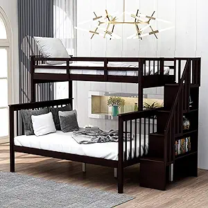 Stairway Bunk Bed Twin-Over-Full Size With Stairs Storage And Guardrails For Bed - £546.43 GBP