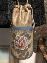 Fancy Nancy Leather Bucket Handbag Hand Painted Drawstring Closure Shoulder Bag - £29.14 GBP