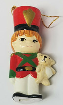 Christmas Ornament Little Boy Soldier Uniform with Teddy Bear Ceramic Vintage - $15.15