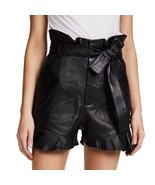 Women&#39;s Black Leather Shorts Genuine Leather Gym Summer Pants Belted - £76.33 GBP+