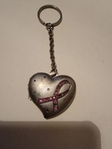 Avon Breast Cancer Awareness Silver Heart Locket Keychain Ribbon Pink Stones - £11.57 GBP