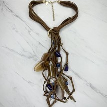 Chico&#39;s Brown Cord Multi Strand Purple Beaded Tassel Pendant Gold Tone Necklace - £16.06 GBP