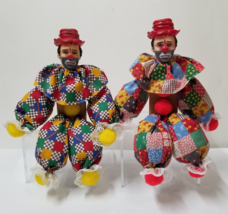 2 Sad Clowns Handmade Block PomPom Shelf Sitter Hobo Circus 11&quot; Patchwor... - $15.84