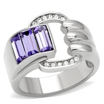 Women Baguette Cut Tanzanite Color Crystal Stainless Steel Hollow Statement Ring - £40.73 GBP