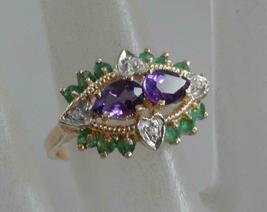 Estate 14k Yellow Gold Over Pear Amethyst Emerald &amp; Diamond Cocktail Ring 2.72Ct - £88.13 GBP