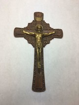 VINTAGE Wooden CARVED Crucifix PAINTED Wall HANGING Swirling BORDER Inri... - £32.51 GBP