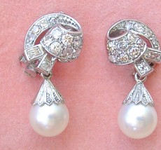 Vintage 1.12ctw Diamond 8 Mm Pearl Drop Platinum 1&quot; Cocktail Clip Earrings 1950 - £2,040.54 GBP