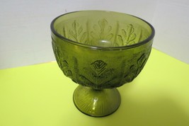 Vintage Compote FTD 1978 Spruce Green Pedestal Bowl Leaf Design 6&quot; Tall - £15.67 GBP