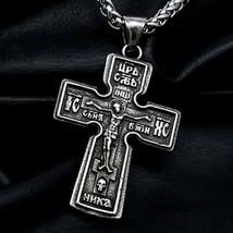 Mens Stainless Steel Silver Russian Orthodox Crucifix Cross Pendant Necklace 24" - £8.66 GBP