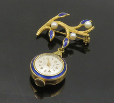 18K GOLD - Vintage Antique Pearls &amp; Enamel Floral Watch Brooch Pin - GB017 - £1,510.57 GBP