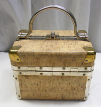 Vintage Handbag Box Cork Purse Brass Corners Metal Handles 1-E - $801.97 MXN