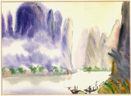 Original Watercolor Vintage Guilin China A Waterway in the Calm of the Morning b - £58.27 GBP