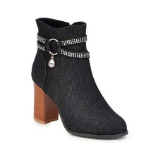 Denim Boots Thick High Heels Womn Ankle booties New Pointed Toe Lady Shoes Zippe - £59.14 GBP