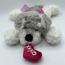 Valentine White Gray Puppy Dog Pink Ribbon XO Heart Plush Stuffed 13&quot; Long - £7.42 GBP