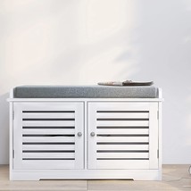 Shoe Storage Benches RASOO White Shoe Rack Bench with 2 Doors &amp; Padded Seat - £112.18 GBP
