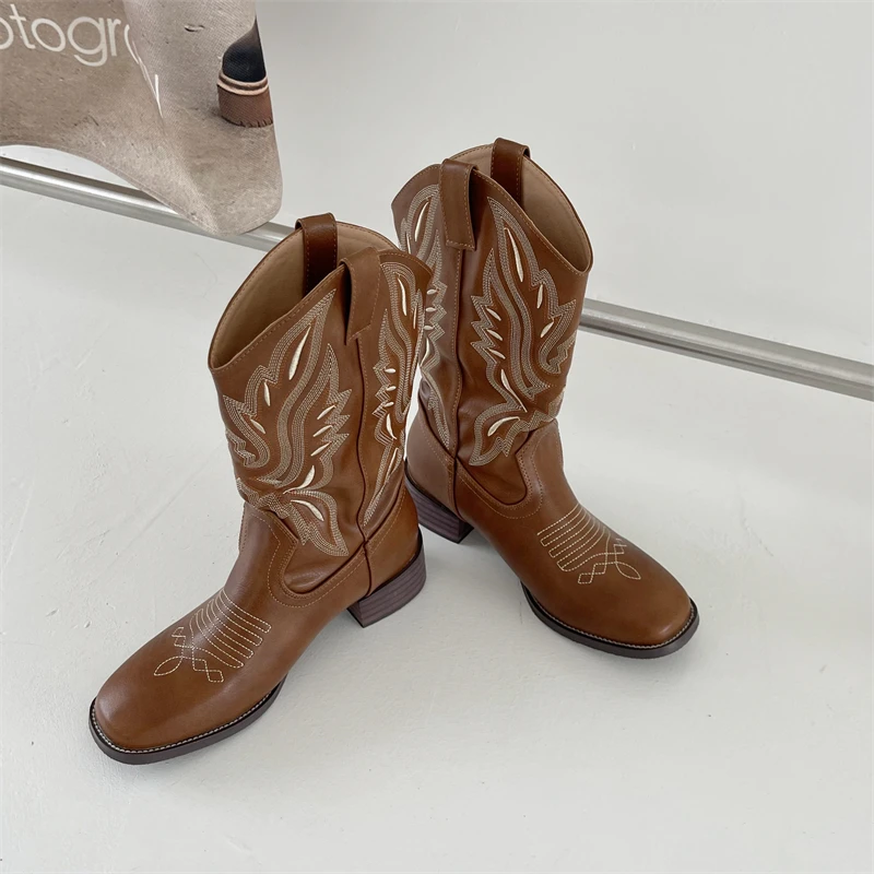 Tro square toe slip on brown square heels embroidery vintage cowboy western boots women thumb200