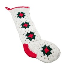 Vintage Granny Square Stocking Handmade Crochet Christmas Holiday Holly Decor - £19.71 GBP