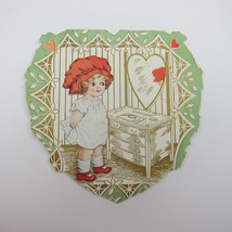 Valentine Card Girl Red Bonnet Dresser Mirror Green Gold Die cut Bifold Antique - £7.82 GBP