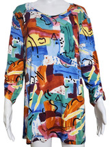 NWT Ali Miles Tee Top Women LARGE Stretch Multicolor Abstract Print Knit V-Neck - £28.63 GBP