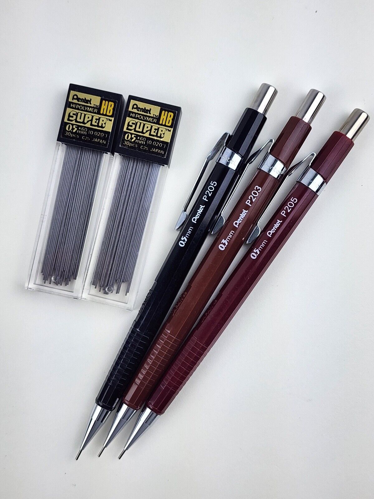 3x  Pentel Mechanical Drafting Pencils Black Brown Maroon P203 P205 0.3mm 0.5mm - £27.18 GBP