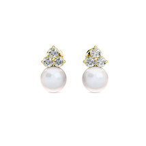 14K Yellow Gold 0.30Ct Diamond &amp; Cultured Freshwater Pearl Ball Stud Earrings - £36.30 GBP