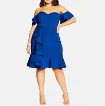 City Chic Womens XXL 24 Electric Blue Ruffle Off The Shoulder Dress NWT X27 - $83.29