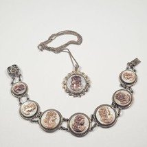 800 SILVER Vintage Bracelet &amp; Necklace Set MOP Mother Of Pearl CAMEO Medallions  - £97.18 GBP