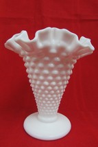 Vintage Fenton Art Glass Ruffled Milk Glass Hobnail Ruffle Edge Vase 5 1/2&quot; - £19.90 GBP