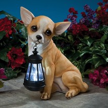 Realistic Chihuahua Dog Puppy Garden Sculpture Holding Solar LED Lighted Lantern - £47.10 GBP