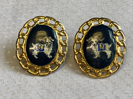 WWII Era Vtg Navy Football Earrings Military Oval Goldtone Pierced *No Backs* - £23.85 GBP