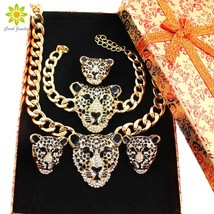 Cool Leopard Head Bracelet Earrings Ring Necklace Set For Women Trendy Gold Colo - £27.32 GBP