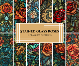 Stained Glass Rose SVG &amp; PNG Patterns - 12 Digital Scrapbooking Papers   - £4.06 GBP