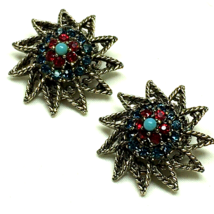 BSK Signed Clip Earrings Blue &amp; Red Rhinestones Star Silver Tone Vintage - $16.00