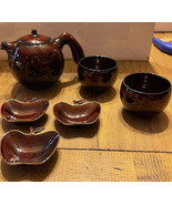 Kotobuki Tea Pot Cups And 3 Apple Dishes Brown Ceramic Made in Japan - £20.35 GBP
