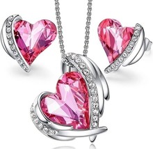 3 Pc. Necklace Earring Set SILVER PINK Heart October Birthstone Valentine&#39;s w/Bx - £6.96 GBP