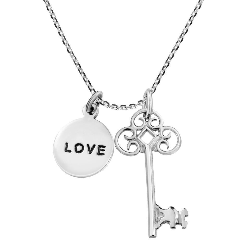 Romantic Key and 'LOVE' Dual Pendant .925 Sterling Silver Necklace - $24.94
