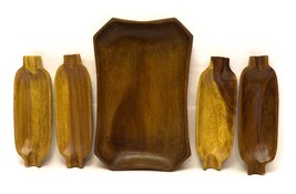 Set of 5 Teak Wood Wooden Corn Dish Tray Platters With Rectangular Bowl ... - $667.93 MXN
