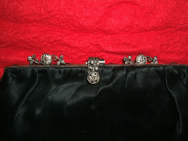 Antique Black Satin Clutch Handbag w/ Jeweled Marchisite Clasp &amp; Change Purse - £39.38 GBP