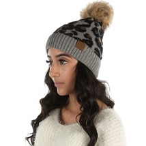 Animal Print Beanie Faux Fur Pom Hat: Leopard - Heather Grey - £36.94 GBP